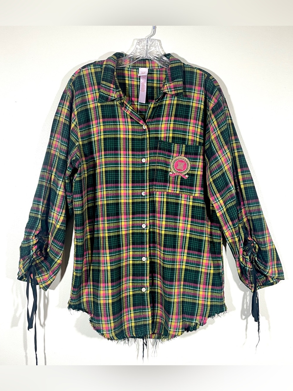 Savage x Fenty Plaid Button Down Top Lace Up Sleeves Frayed Hem grunge preppy